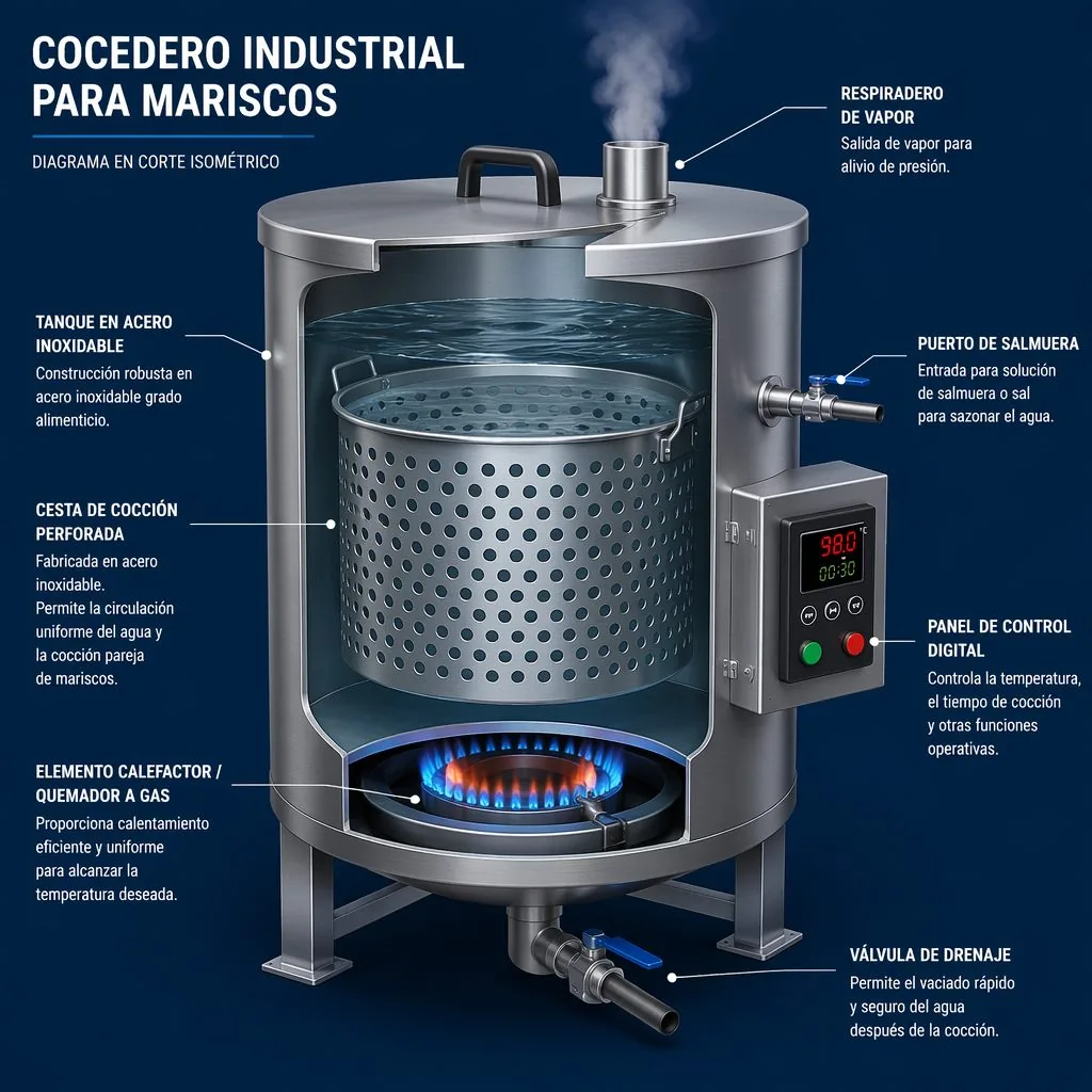 Anatomía de un cocedero profesional: caldera, quemador o resistencia, cesta perforada, panel de control, sistema de salmuera y drenaje de vapor