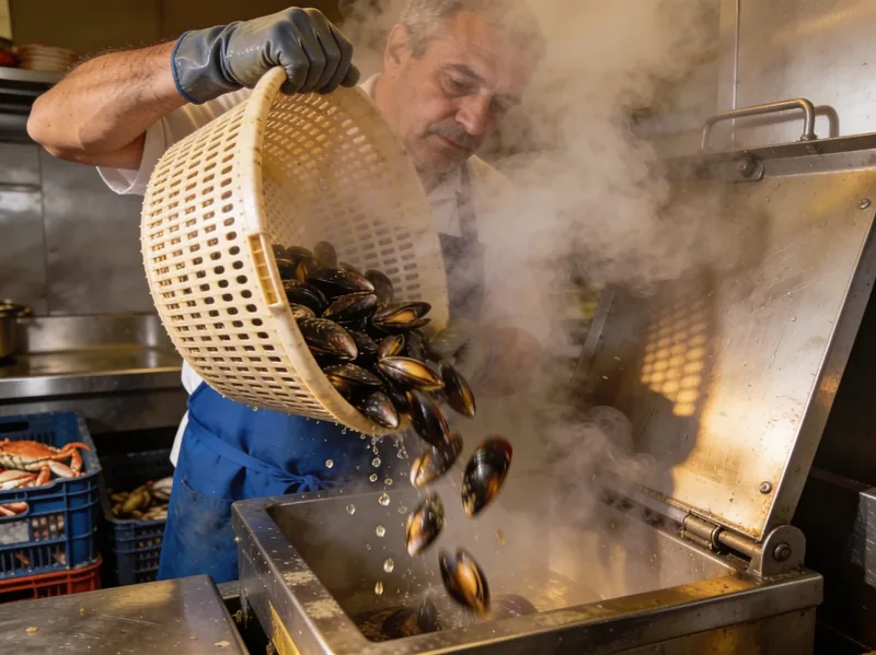 Cocinero cargando la cesta de marisco al cocedero