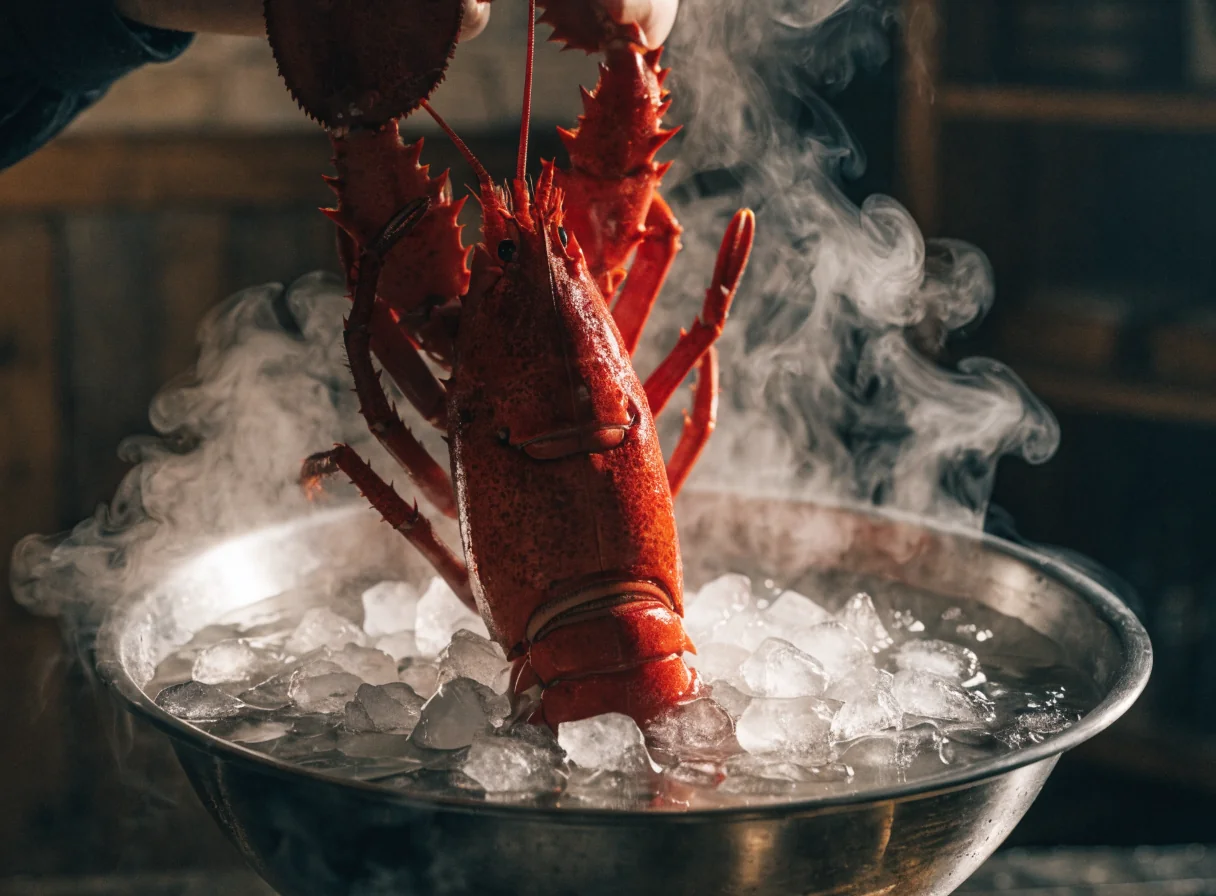 Bogavante rojo cocido sumergiéndose en cuenco de agua con hielo