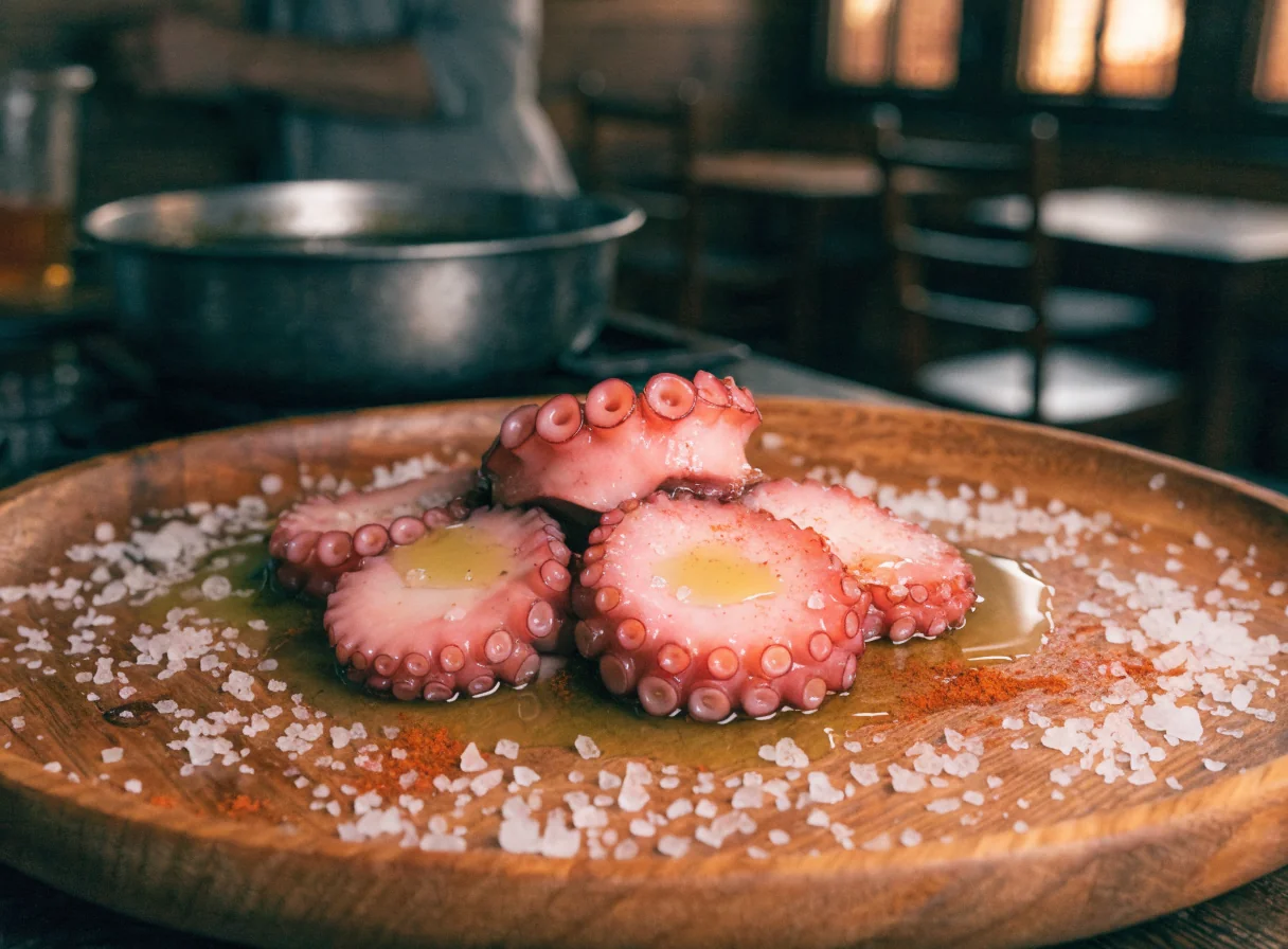 Pulpo á feira servido con sal gruesa por encima al emplatar