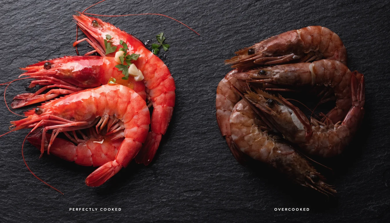 Comparativa entre gambas cocidas al punto y gambas sobrecocidas