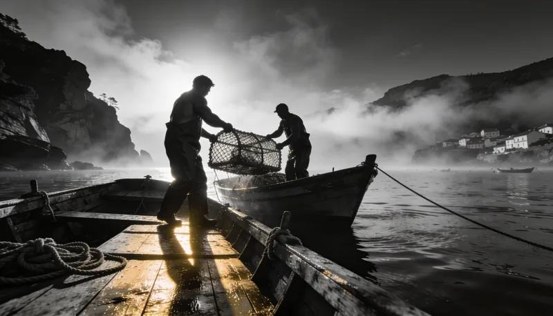 Pescadores gallegos recogiendo nasas al amanecer en el Atlántico