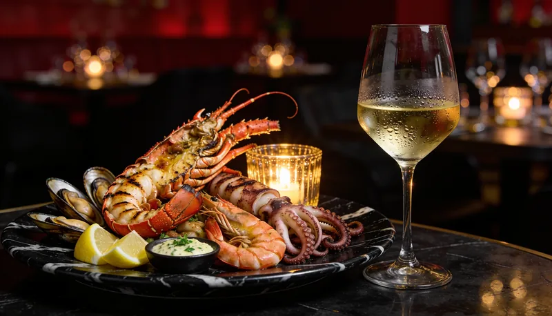 Marisco gallego con copa de vino blanco albariño