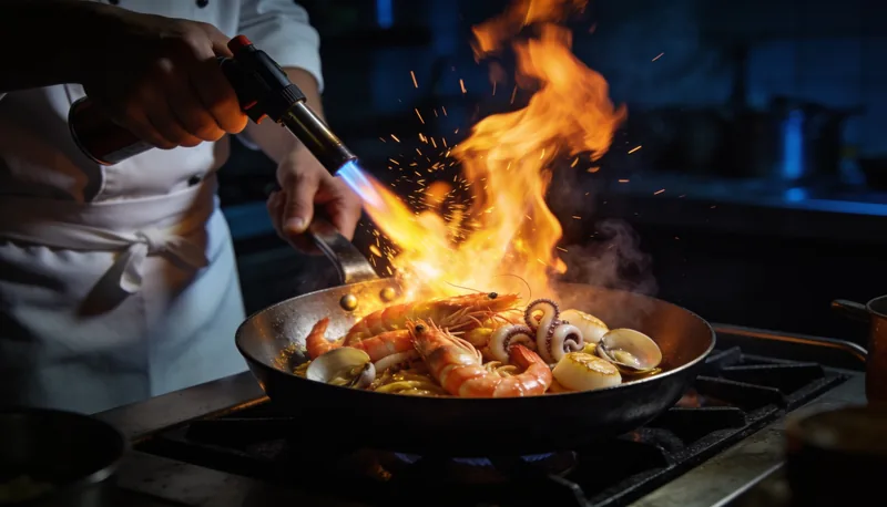 Chef flambeando marisco en cocina oscura