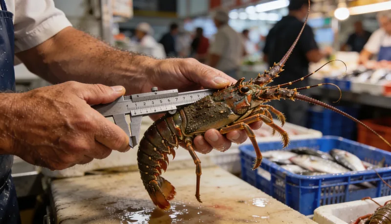 Pescadero midiendo bogavante vivo con calibre en mercado