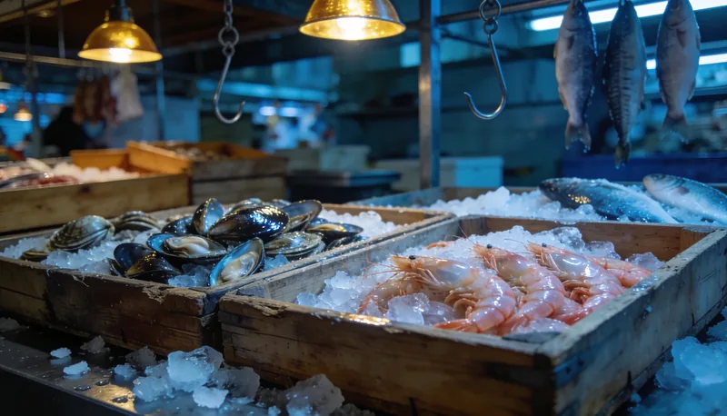 Cajas de marisco fresco sobre hielo en mercado