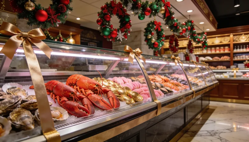 Marisquería decorada para Navidad con vitrinas de marisco