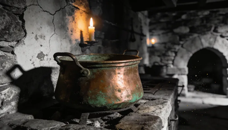 Antigua caldera de cobre en cocina tradicional gallega