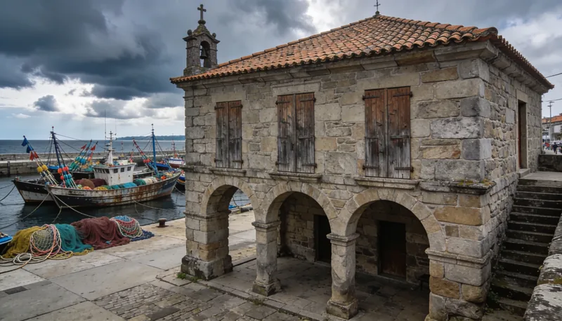 Edificio histórico de cofradía de pescadores en puerto gallego