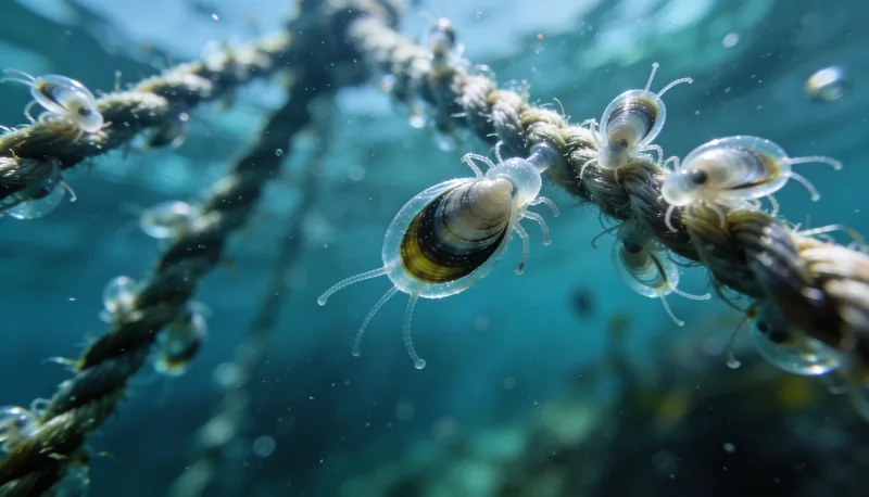 Larvas de bivalvo en agua marina bajo luz azul