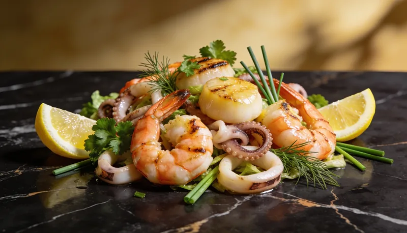 Ensalada mediterránea de marisco con hierbas frescas