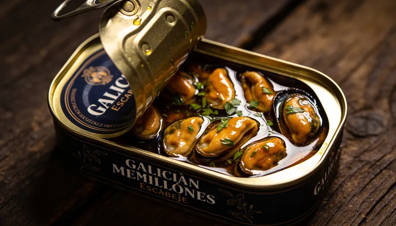 Lata abierta de conserva gallega de mejillones en escabeche