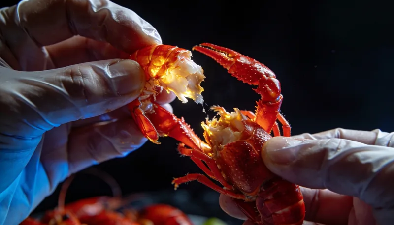 Chef pelando gambas con técnica profesional
