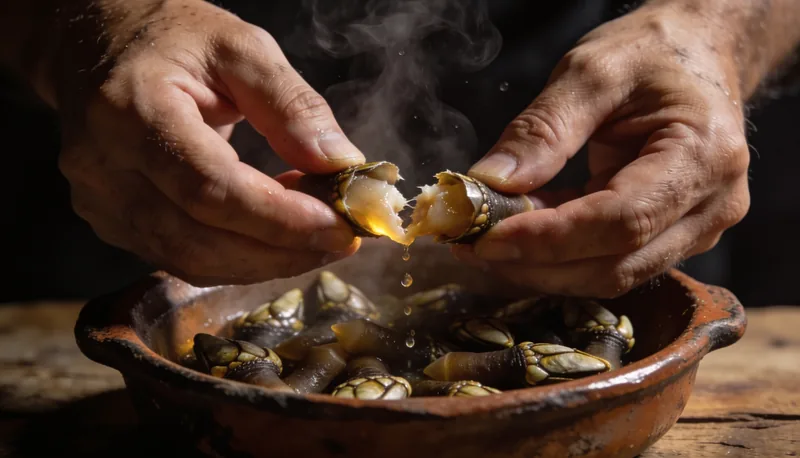 Manos comiendo percebes recién cocidos