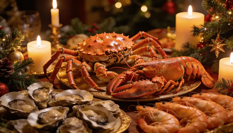 Mesa de Nochebuena con marisco