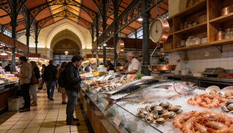 Mercado con marisco fresco en Madrid