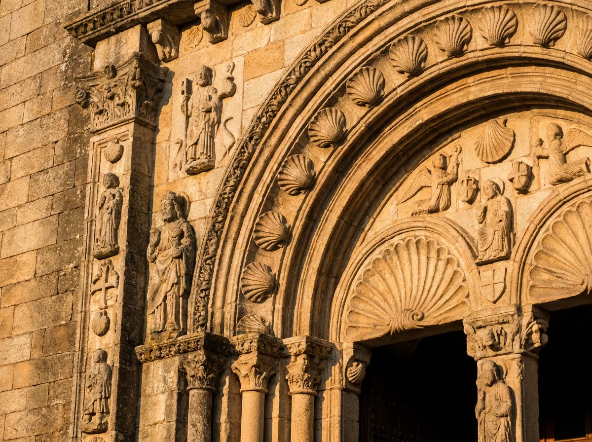 Fachada de la catedral de Santiago con motivos de vieira tallados