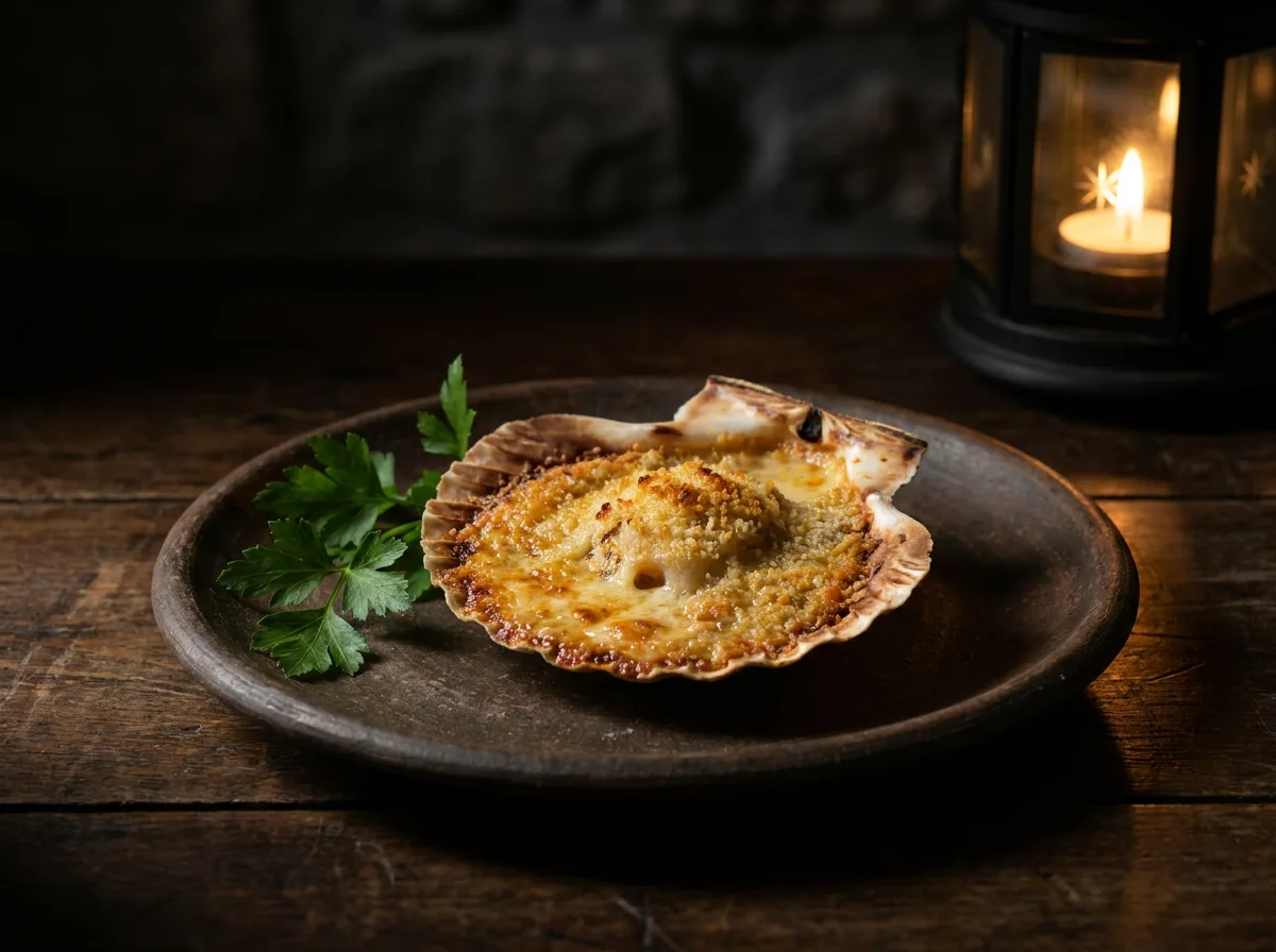 Vieira gratinada compostelana con costra dorada