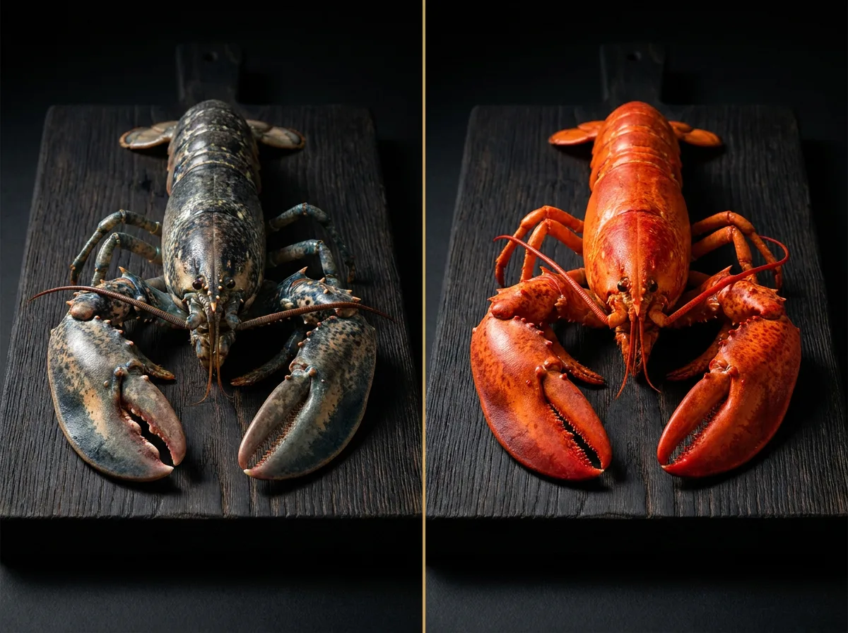 Comparativa bogavante crudo azul-gris junto a bogavante cocido rojo