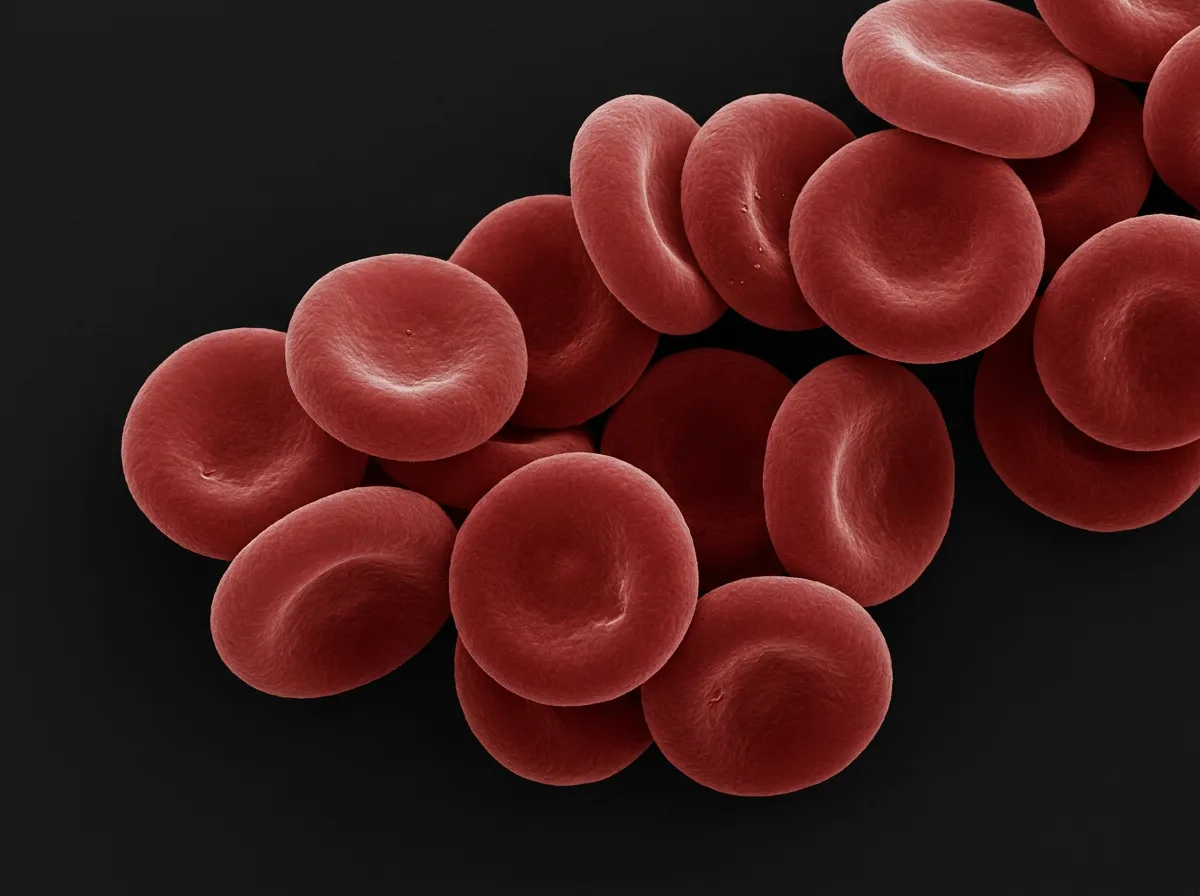 Glóbulos rojos humanos con hemoglobina bajo microscopio