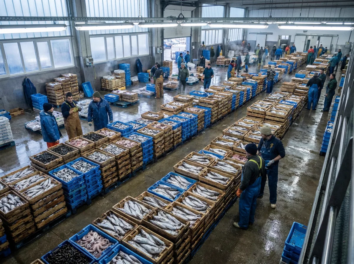 Lonja de subasta de pescado de Vigo por la mañana