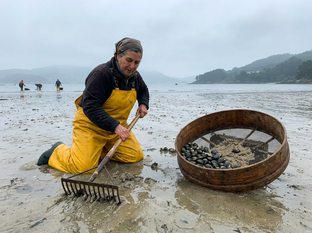 Mariscadora gallega trabajando con sacho y rueiro en la ría