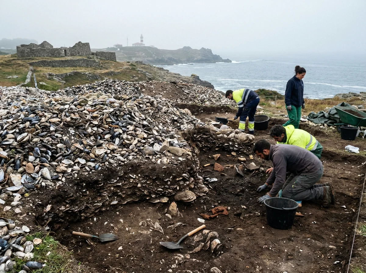 Concheiro prehistórico en excavación arqueológica gallega