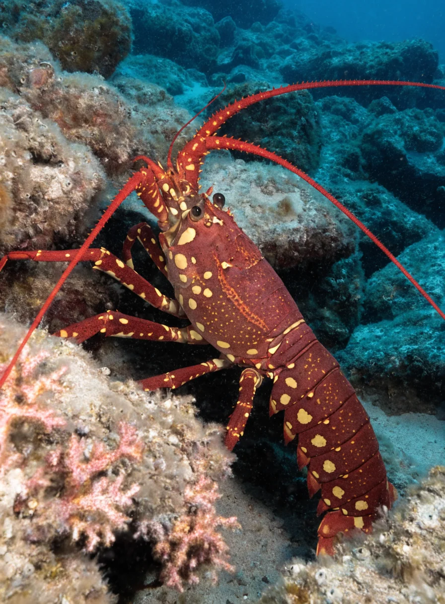 Langosta europea Palinurus elephas con antenas espinosas en fondo rocoso