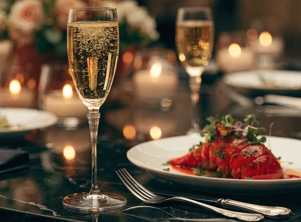 Copa flauta de Champagne con langosta a la mesa