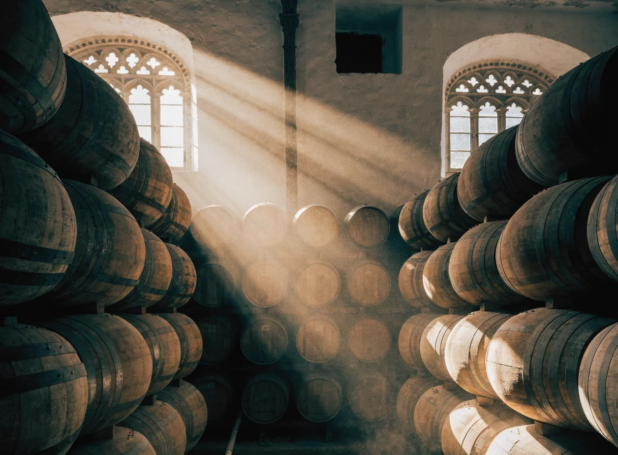 Bodega histórica del Marco de Jerez con barricas de Manzanilla