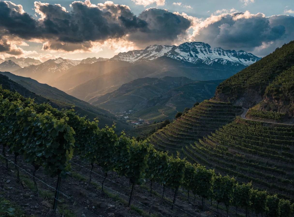 Viñedos en terraza del Bierzo con montañas al fondo