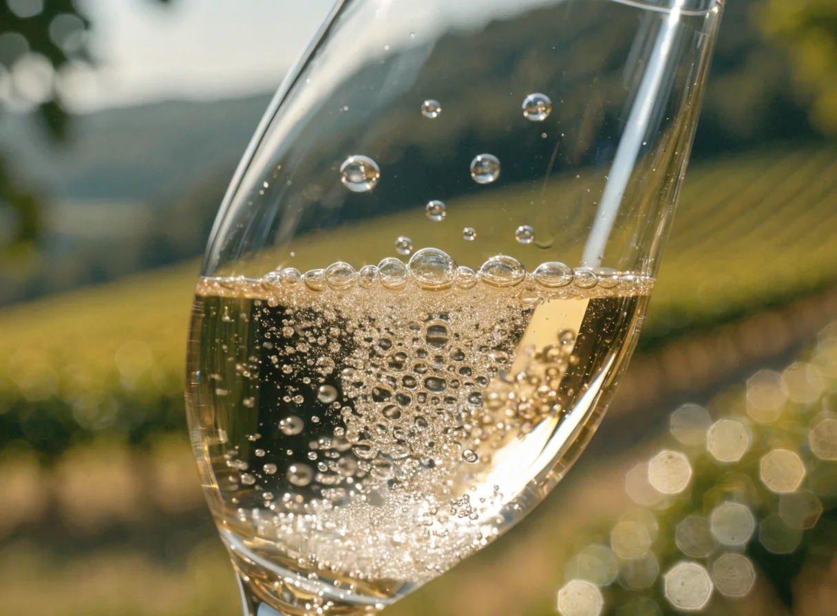 Burbujas doradas de Champagne con viñedos al fondo