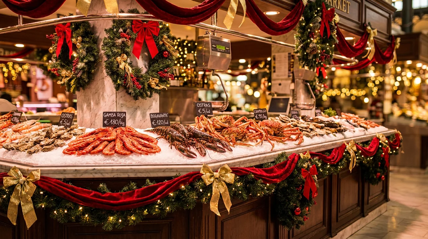 Vitrina decorada de marisco navideño