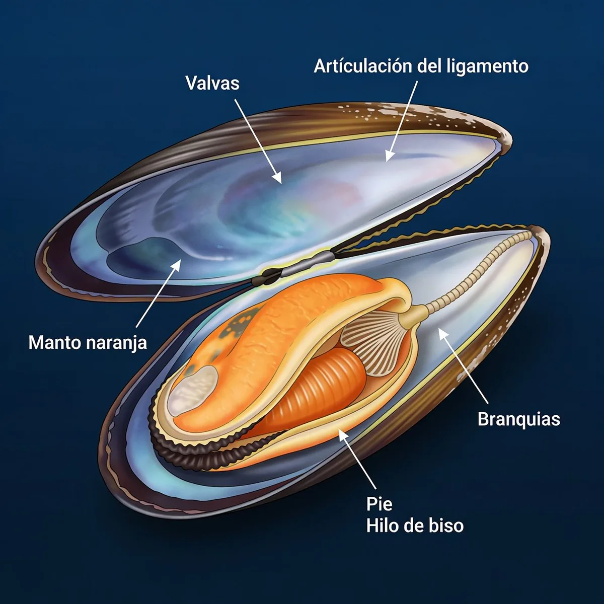 Anatomía de un Mejillón abierto: valvas, articulación del ligamento, manto naranja, branquias, pie e hilo de biso